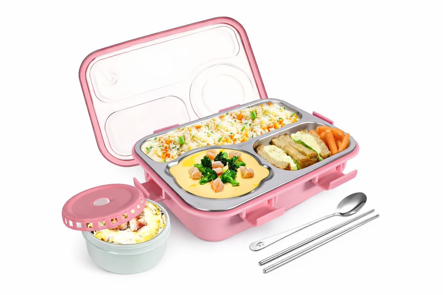 Premium Stainless Steel 3 Compartment Lunch Box with Bowl & Cutlery | Leakproof BPA Free Food Grade Tiffin Box for School, Office & Travel (Pink)