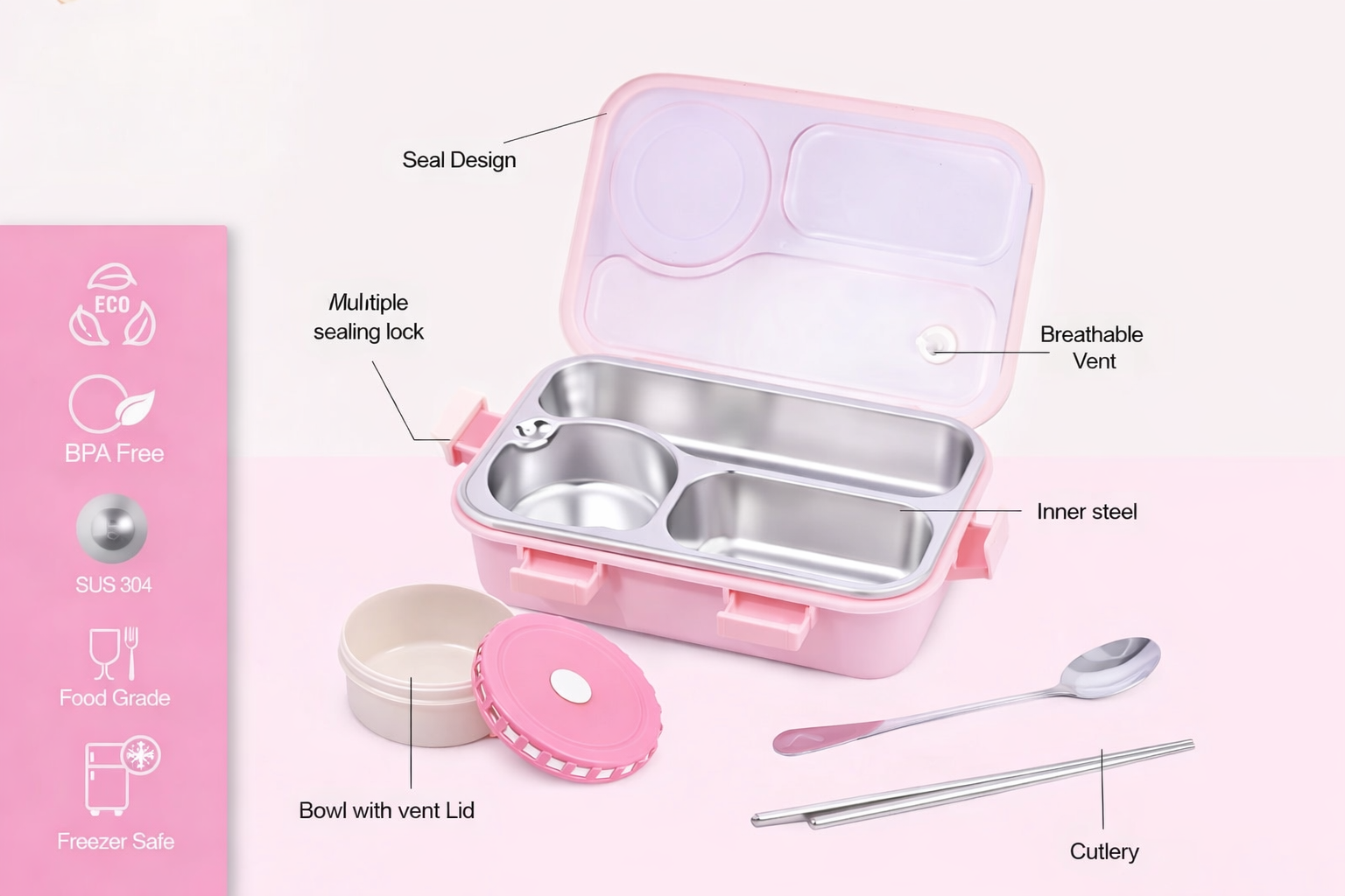 Premium Stainless Steel 3 Compartment Lunch Box with Bowl & Cutlery | Leakproof BPA Free Food Grade Tiffin Box for School, Office & Travel (Pink)