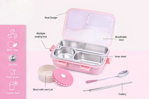 Premium Stainless Steel 3 Compartment Lunch Box with Bowl & Cutlery | Leakproof BPA Free Food Grade Tiffin Box for School, Office & Travel (Pink)