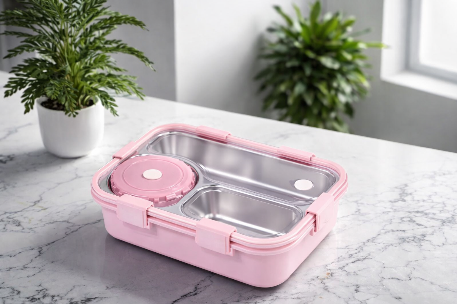 Premium Stainless Steel 3 Compartment Lunch Box with Bowl & Cutlery | Leakproof BPA Free Food Grade Tiffin Box for School, Office & Travel (Pink)