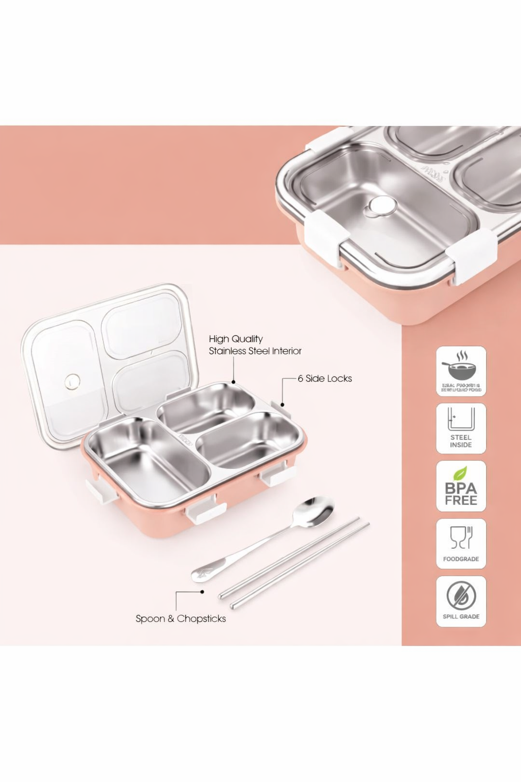Premium Stainless Steel Lunch Box with 3 Compartments | Leak-Proof Bento Tiffin Box with Spoon & Chopsticks | BPA-Free, Food Grade, Durable Meal Container for Office, School & Travel